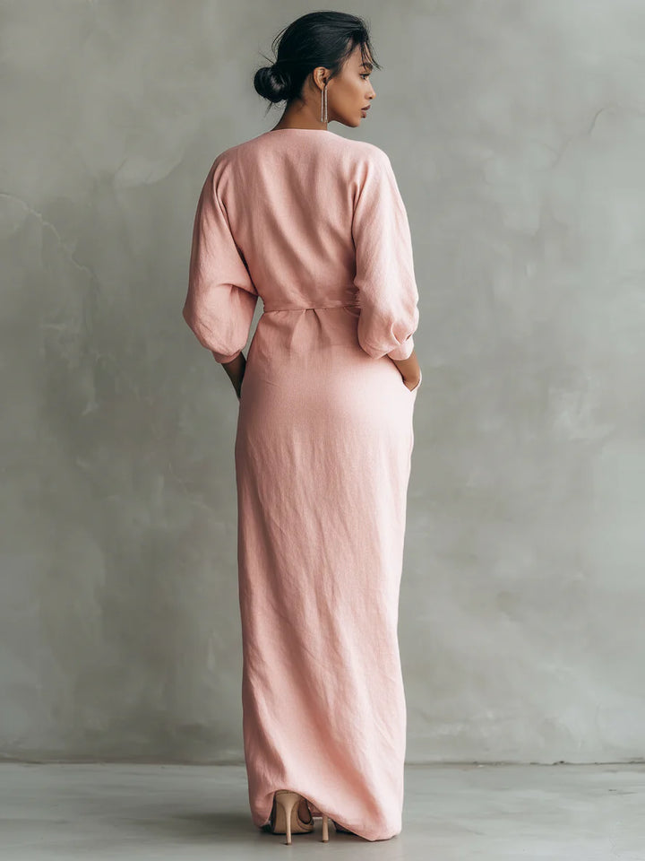 Ivy| Pink Minimalist V-neck Linen Blend Maxi Dress