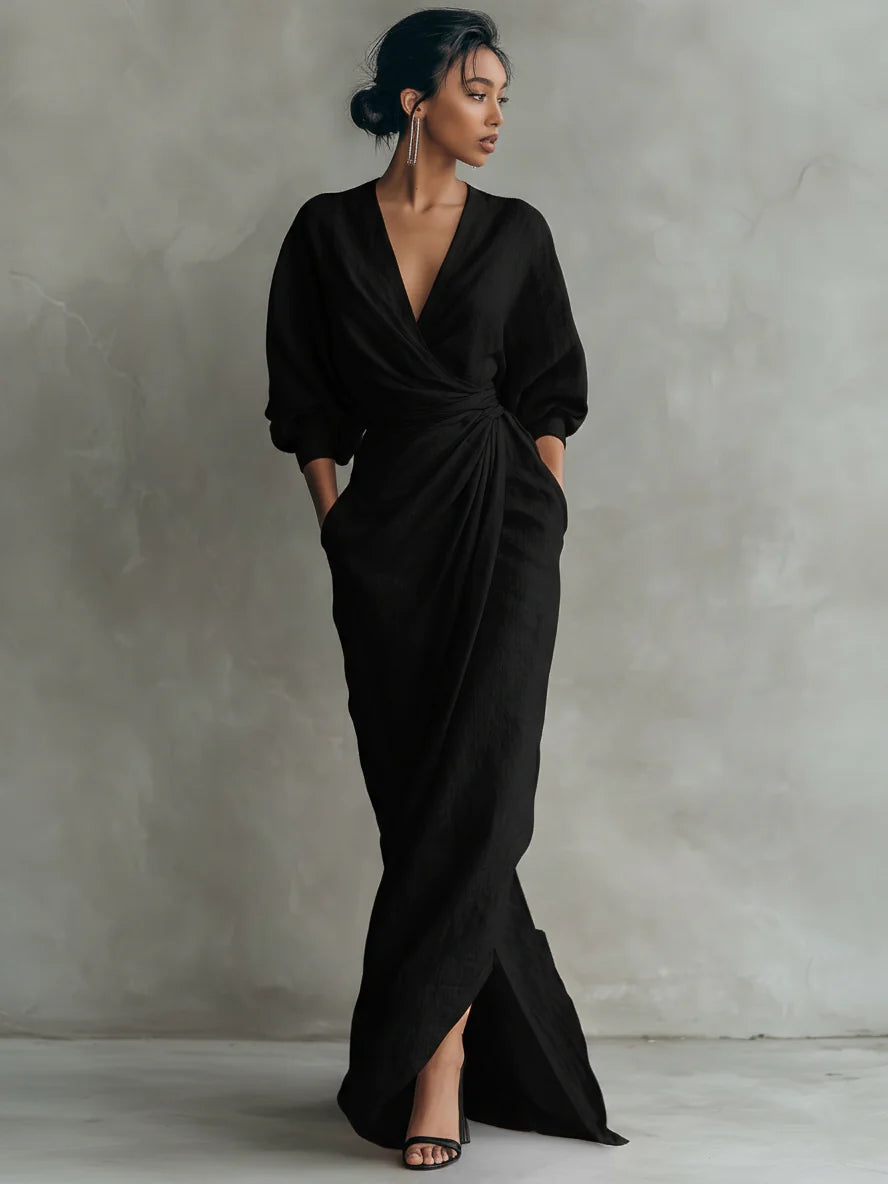 Ivy| Pink Minimalist V-neck Linen Blend Maxi Dress