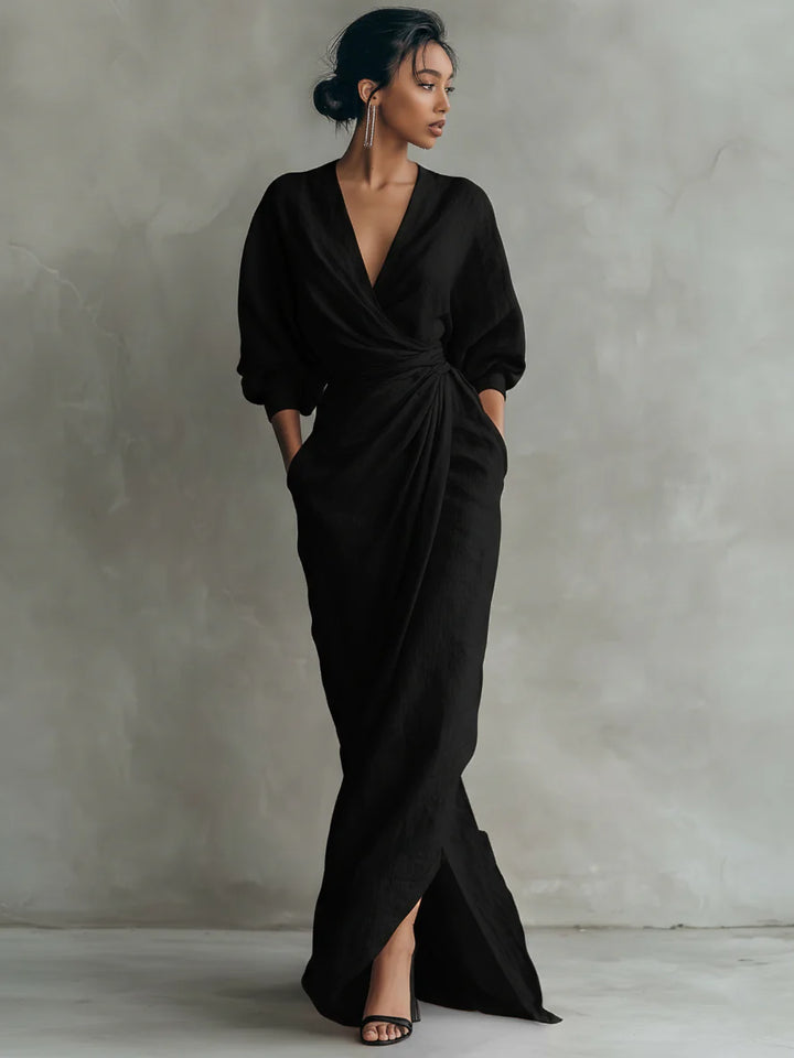 Ivy| Pink Minimalist V-neck Linen Blend Maxi Dress