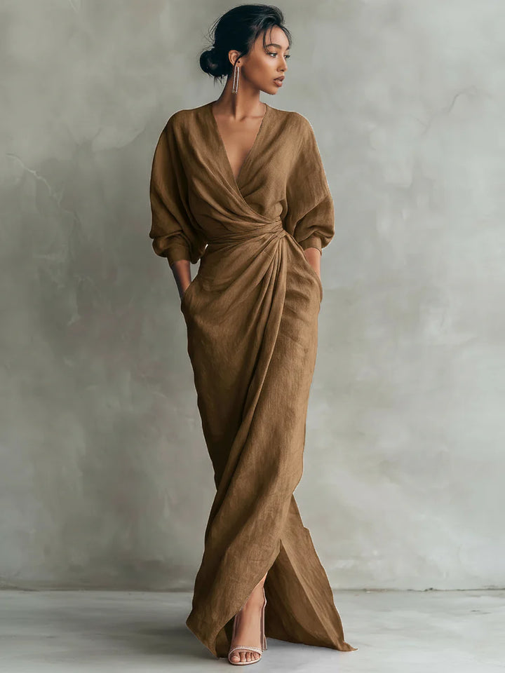 Ivy| Pink Minimalist V-neck Linen Blend Maxi Dress