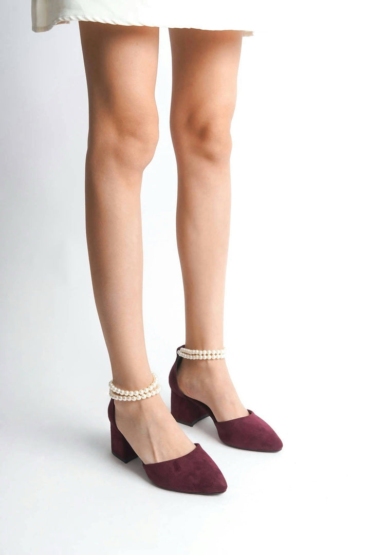 Skylar| Burgundy Suede Mid Heels with Pearls