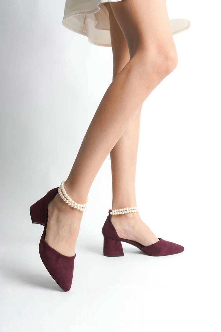 Skylar| Burgundy Suede Mid Heels with Pearls