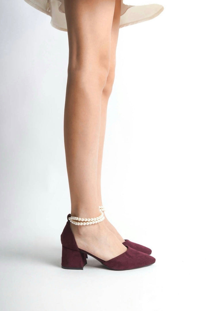Skylar| Burgundy Suede Mid Heels with Pearls