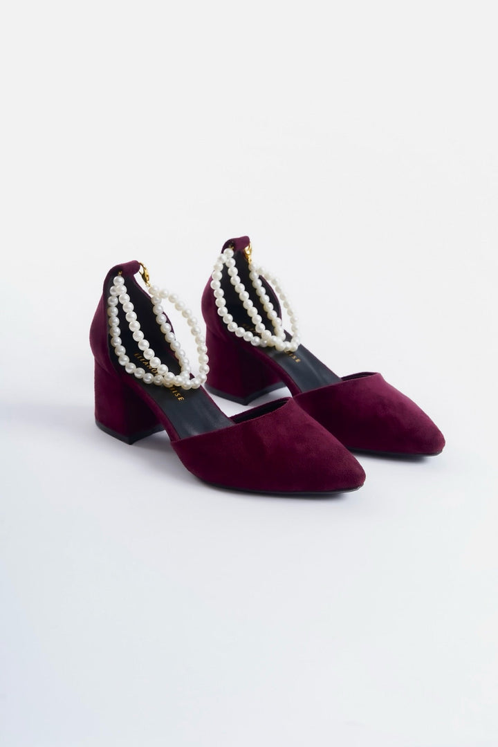 Skylar| Burgundy Suede Mid Heels with Pearls