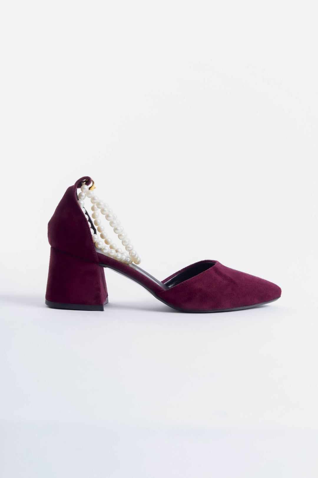 Skylar| Burgundy Suede Mid Heels with Pearls