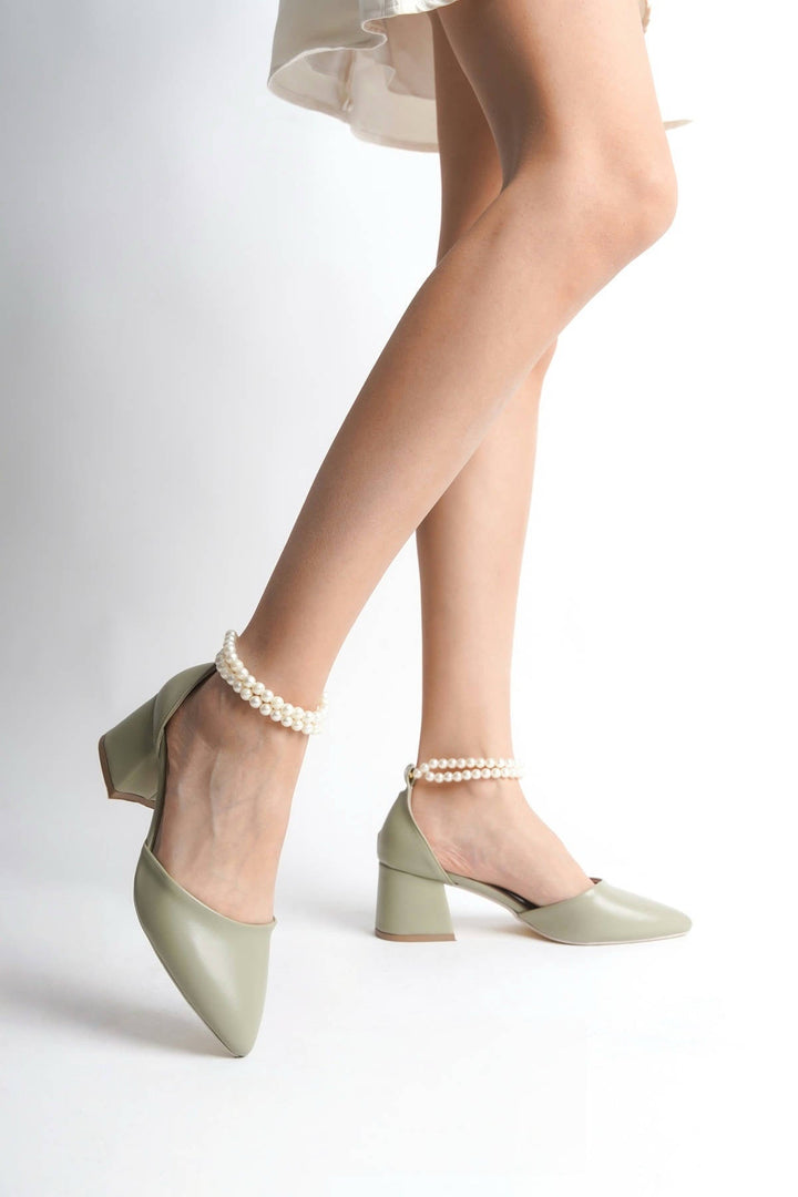 Skylar| Sage Green Mid Heels with Pearls