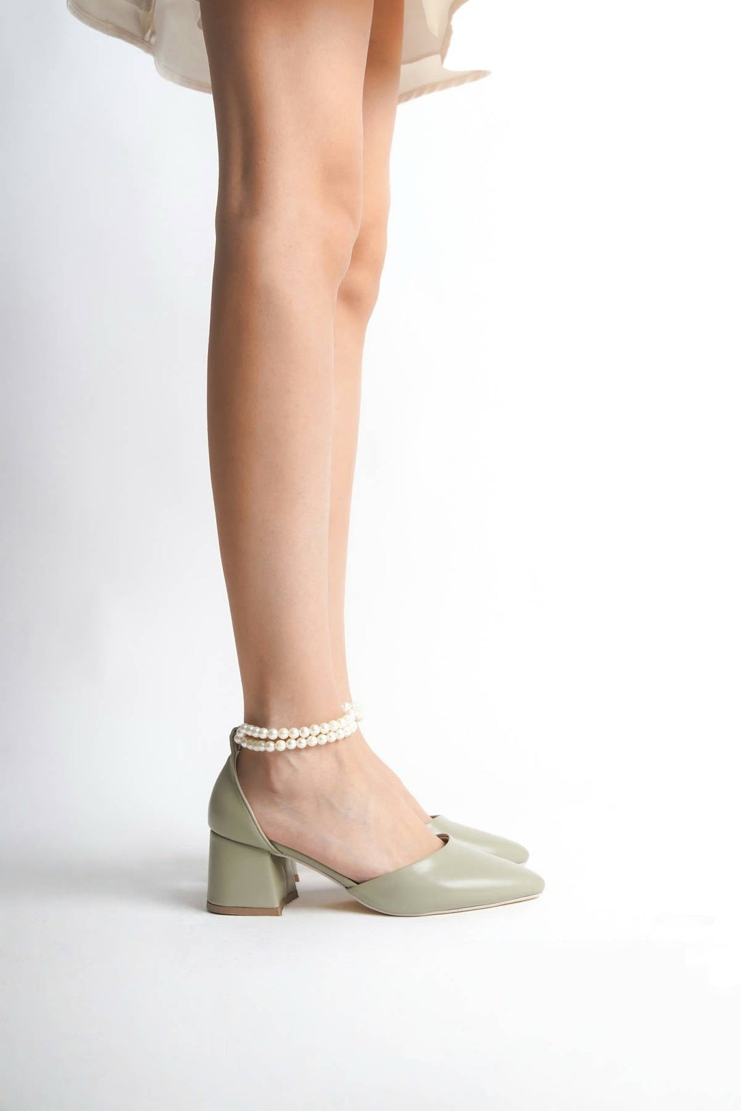 Skylar| Sage Green Mid Heels with Pearls