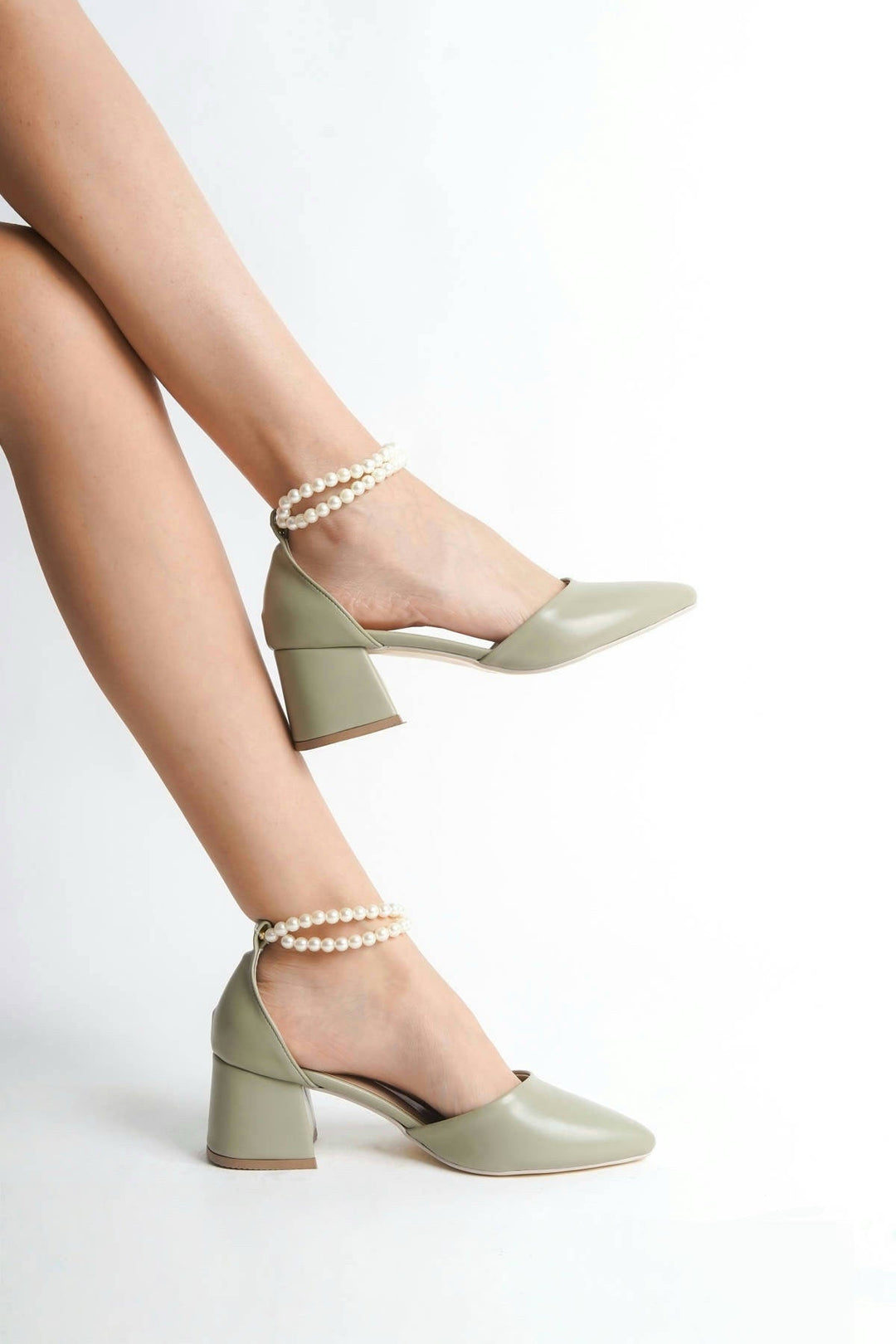 Skylar| Sage Green Mid Heels with Pearls