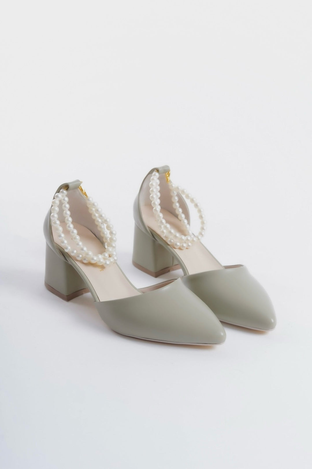 Skylar| Sage Green Mid Heels with Pearls