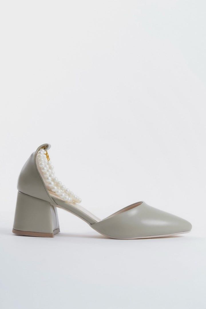 Skylar| Sage Green Mid Heels with Pearls