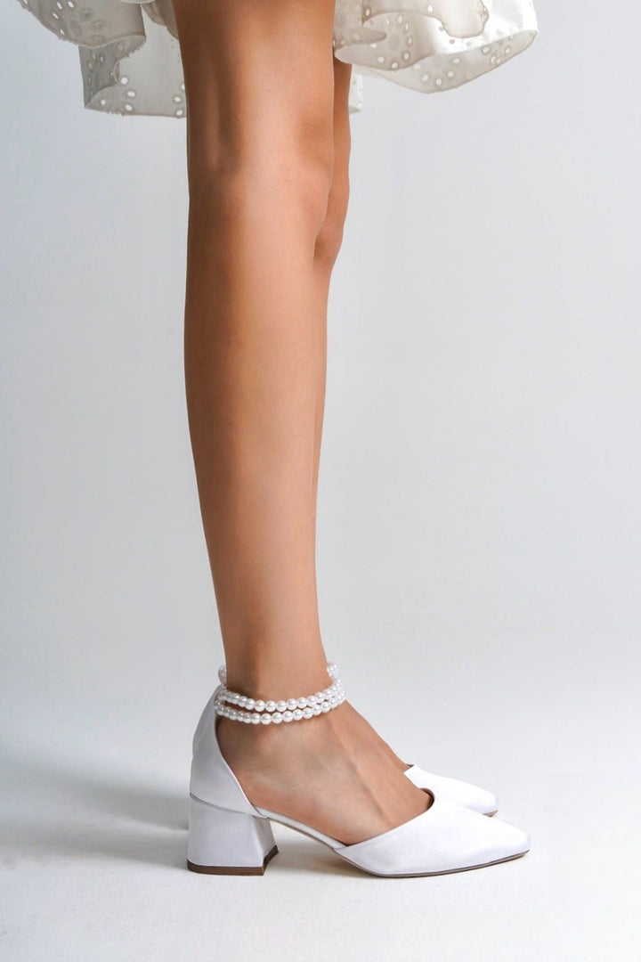 Skylar| White Satin Low Heels with Pearls