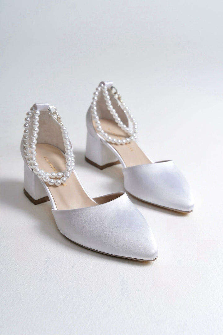 Skylar| White Satin Low Heels with Pearls