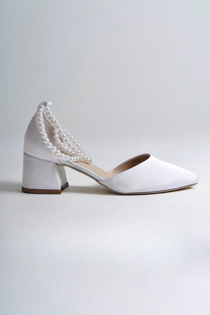 Skylar| White Satin Low Heels with Pearls