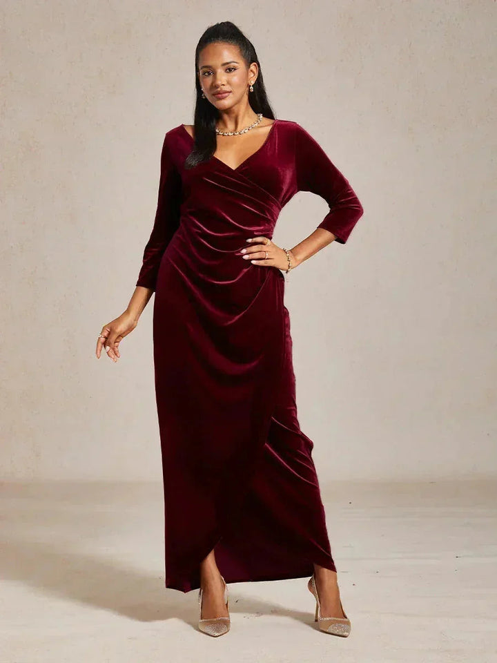 EVELYN | Stretch Velvet Evening Gown with 3/4 Sleeves