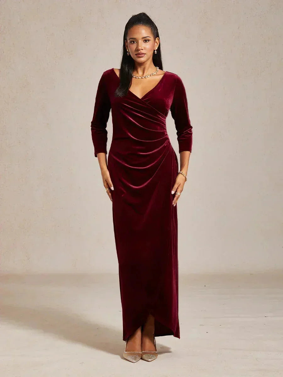 EVELYN | Stretch Velvet Evening Gown with 3/4 Sleeves