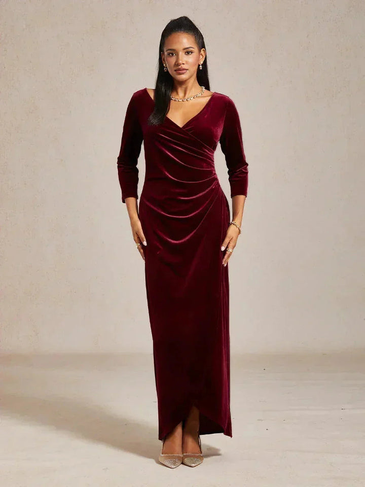 EVELYN | Stretch Velvet Evening Gown with 3/4 Sleeves