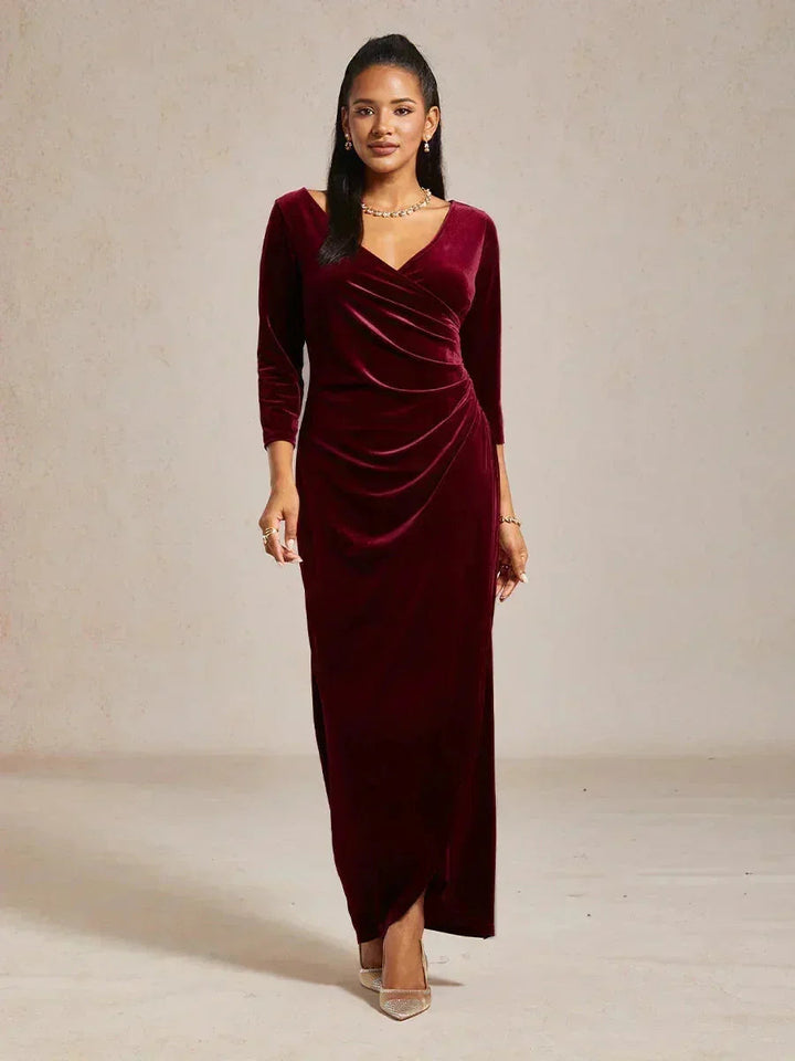 EVELYN | Stretch Velvet Evening Gown with 3/4 Sleeves