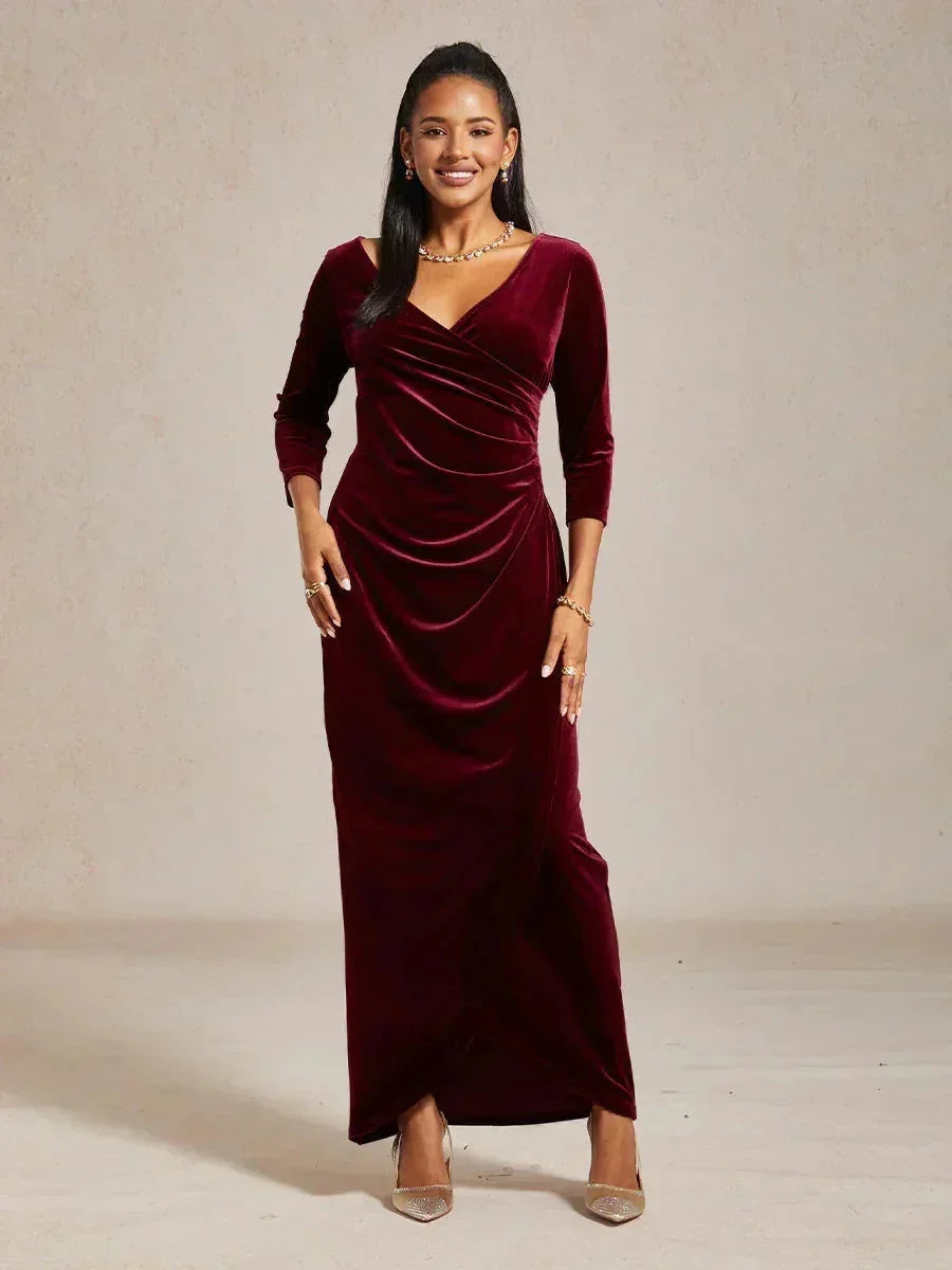 EVELYN | Stretch Velvet Evening Gown with 3/4 Sleeves
