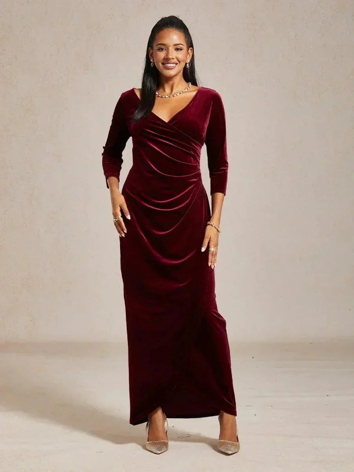 EVELYN | Stretch Velvet Evening Gown with 3/4 Sleeves