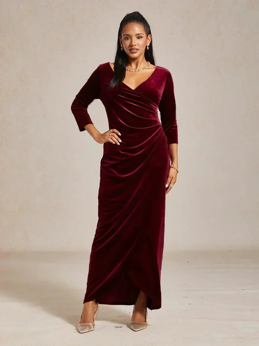 EVELYN | Stretch Velvet Evening Gown with 3/4 Sleeves