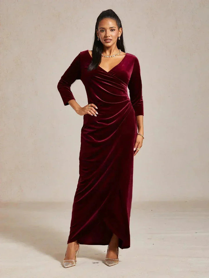 EVELYN | Stretch Velvet Evening Gown with 3/4 Sleeves