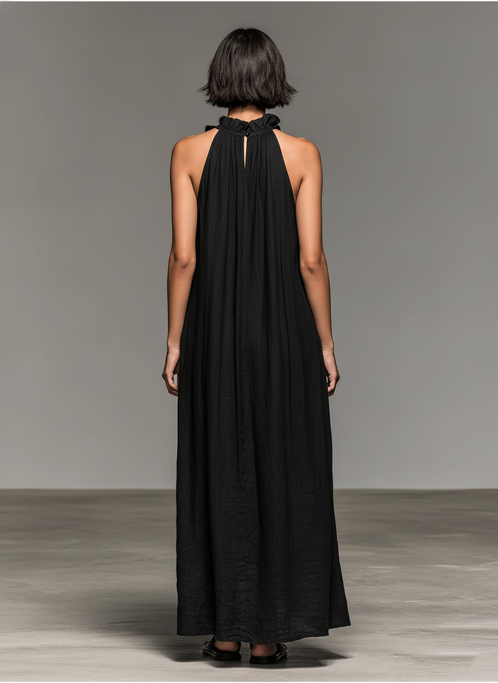 Simona | Minimalist Linen-blend Sleeveless Maxi Dress With Ruffle Details