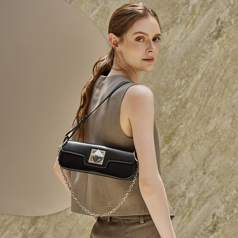 EVANGELINE | Minimalist Smooth Genuine Leather Silver Buckle Baguette Bag