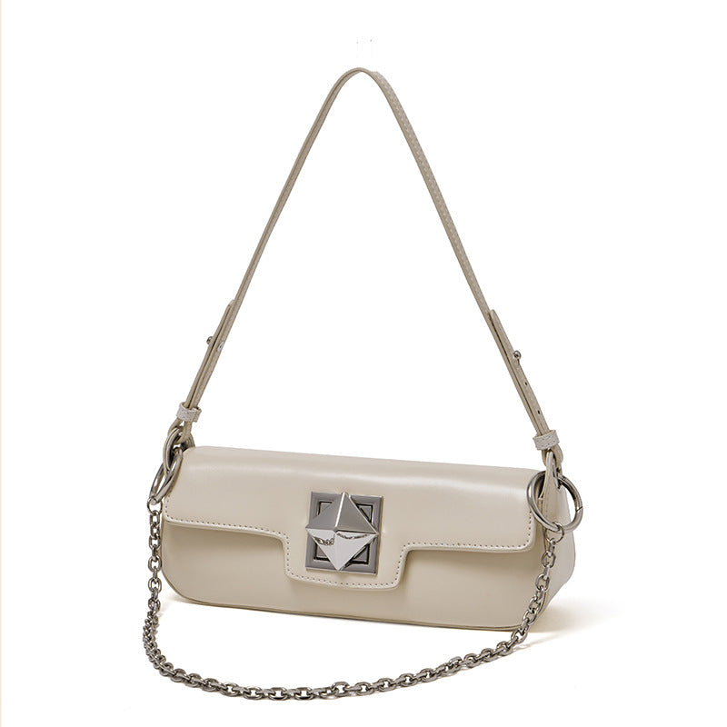 EVANGELINE | Minimalist Smooth Genuine Leather Silver Buckle Baguette Bag