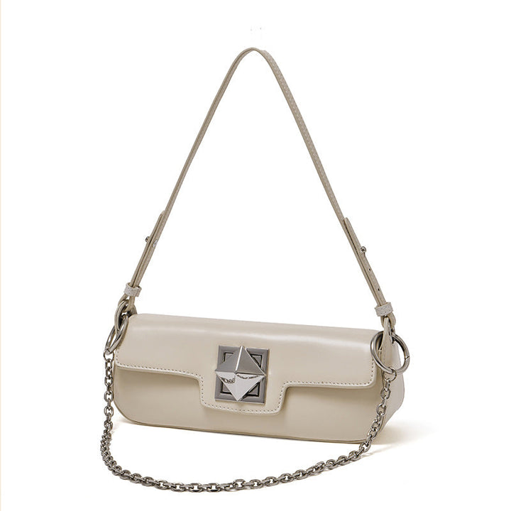 EVANGELINE | Minimalist Smooth Genuine Leather Silver Buckle Baguette Bag