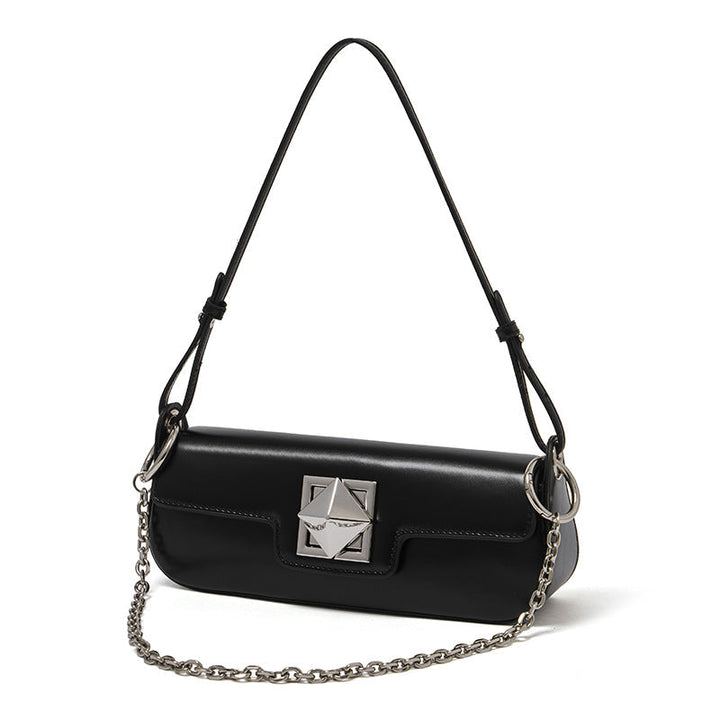 EVANGELINE | Minimalist Smooth Genuine Leather Silver Buckle Baguette Bag