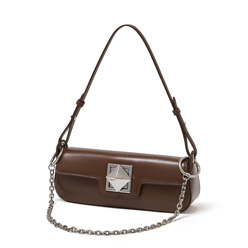 EVANGELINE | Minimalist Smooth Genuine Leather Silver Buckle Baguette Bag