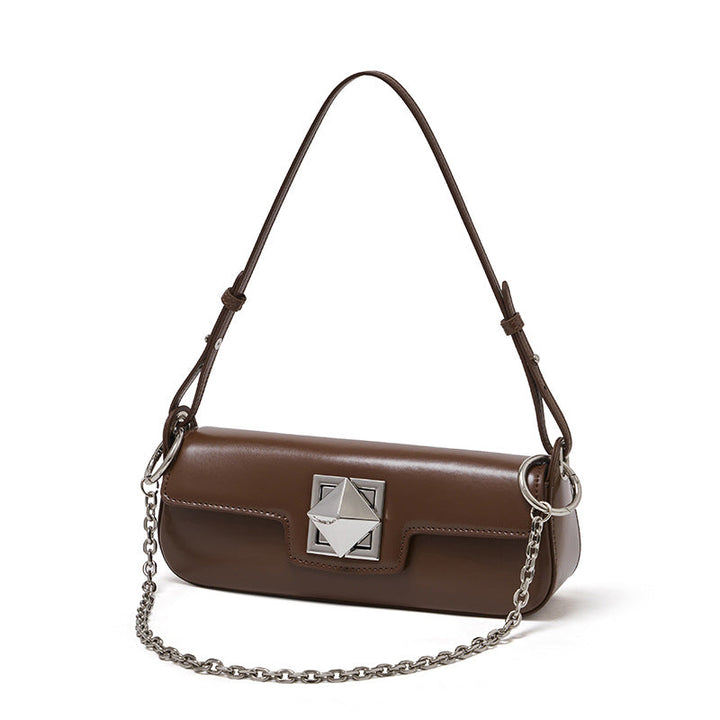 EVANGELINE | Minimalist Smooth Genuine Leather Silver Buckle Baguette Bag