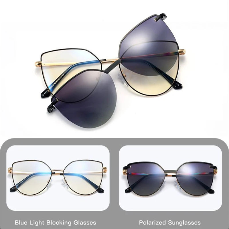 ZURIE | 2 In 1 Women's Polarized Sunglasses Round Magnetic Clip-on Trend Glasses Frames Ladies Optical Lens Dual Purpose Eyewear