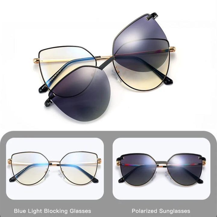 ZURIE | 2 In 1 Women's Polarized Sunglasses Round Magnetic Clip-on Trend Glasses Frames Ladies Optical Lens Dual Purpose Eyewear