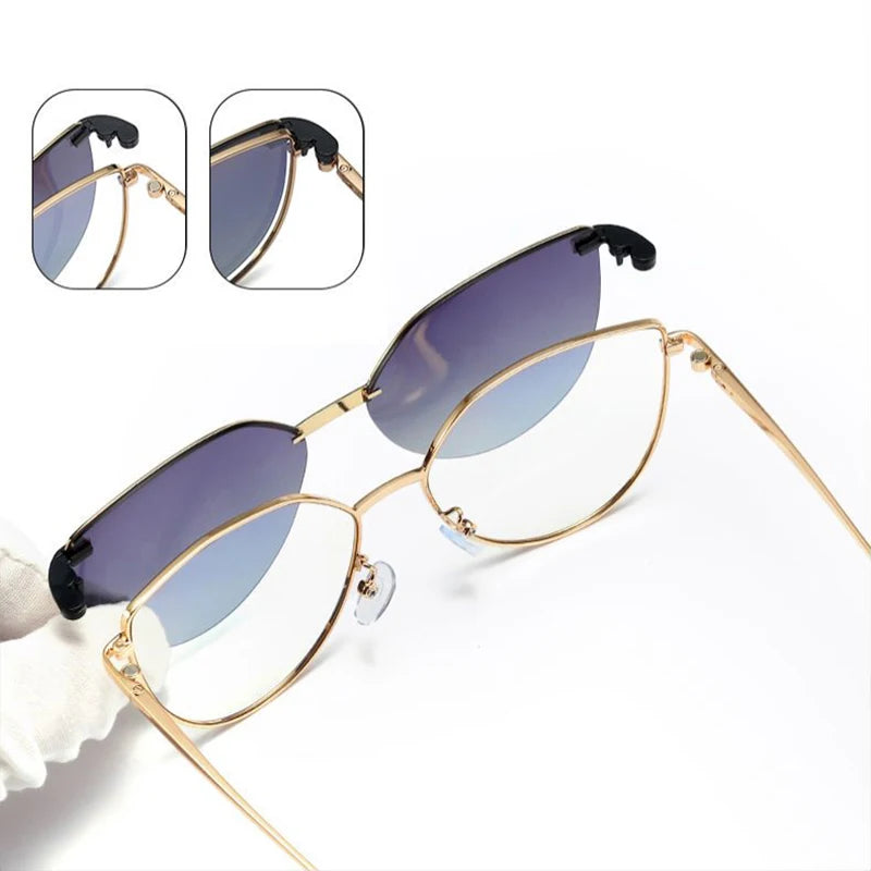 ZURIE | 2 In 1 Women's Polarized Sunglasses Round Magnetic Clip-on Trend Glasses Frames Ladies Optical Lens Dual Purpose Eyewear