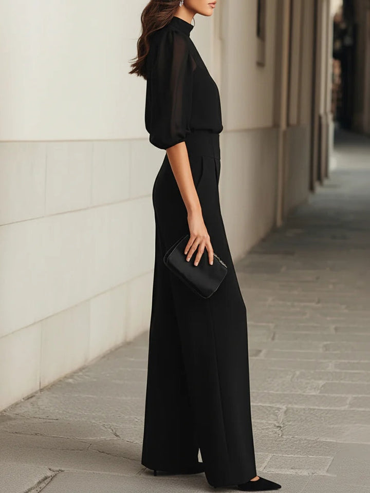 JESSE | Black Sheer Camisole Top And Wide-leg Pants 3-piece Set