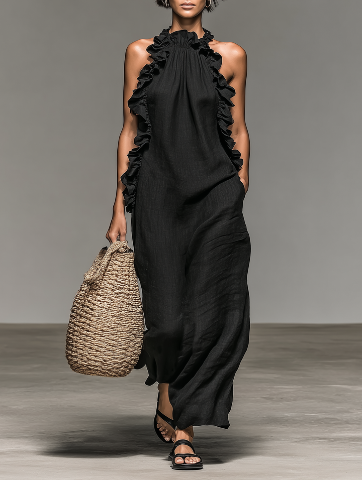 Simona | Minimalist Linen-blend Sleeveless Maxi Dress With Ruffle Details