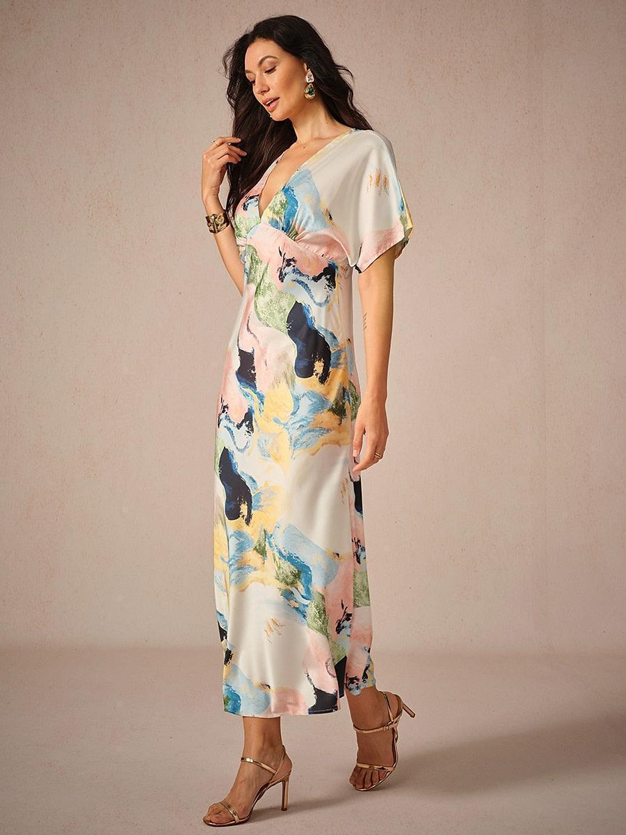 JOLIEN | Satijn Tie-dye Marmerprint Maxi-jurk