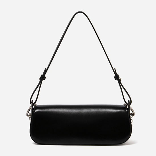 EVANGELINE | Minimalist Smooth Genuine Leather Silver Buckle Baguette Bag