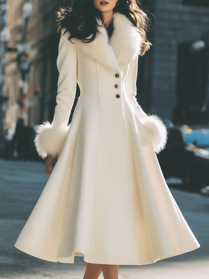 LOURA | Ivory Flared Coat With Faux Fur Collar And Cuffs