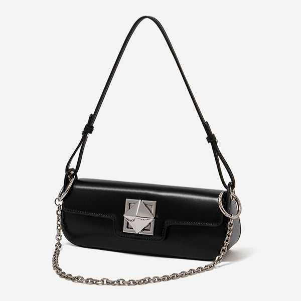 EVANGELINE | Minimalist Smooth Genuine Leather Silver Buckle Baguette Bag
