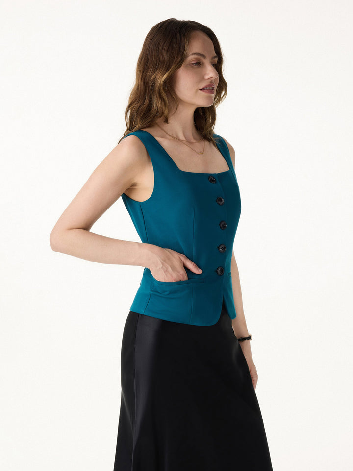 ALIYA | 2Pcs Set Square Neck Waistcoat with Pockets & Wide Leg Ankled Pant