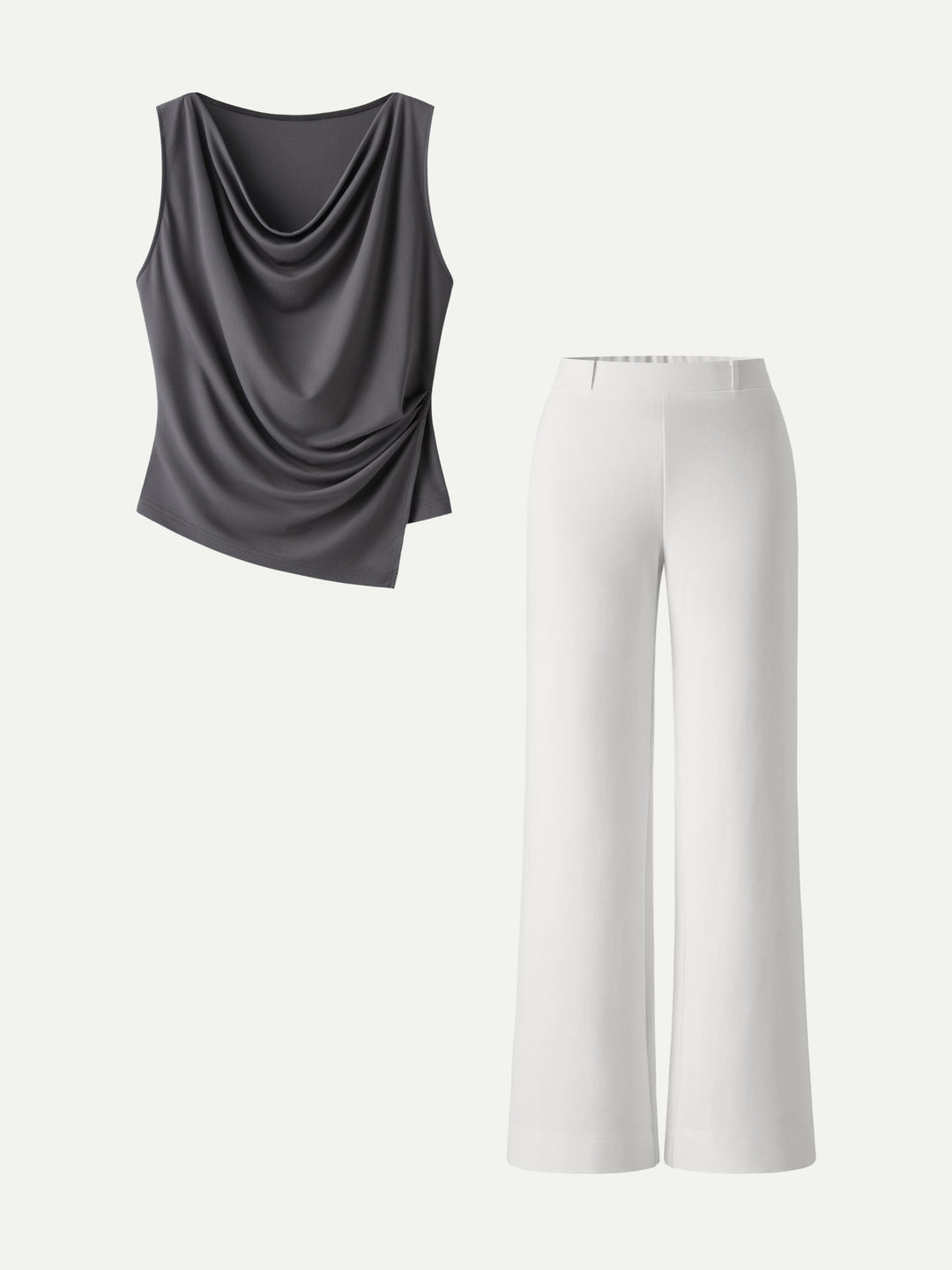 MEGAN | 2Pcs Set Cowl Asymmetrical Tucked Top & Wide Leg Pant with Pockets