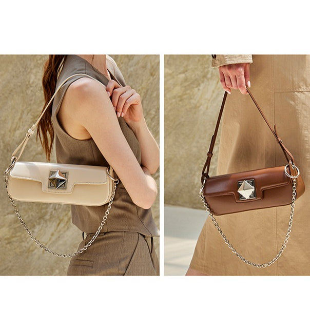EVANGELINE | Minimalist Smooth Genuine Leather Silver Buckle Baguette Bag
