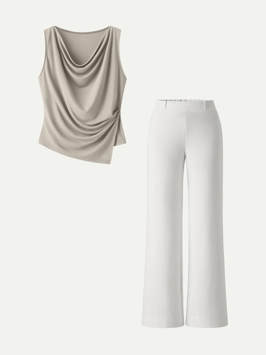 MEGAN | 2Pcs Set Cowl Asymmetrical Tucked Top & Wide Leg Pant with Pockets