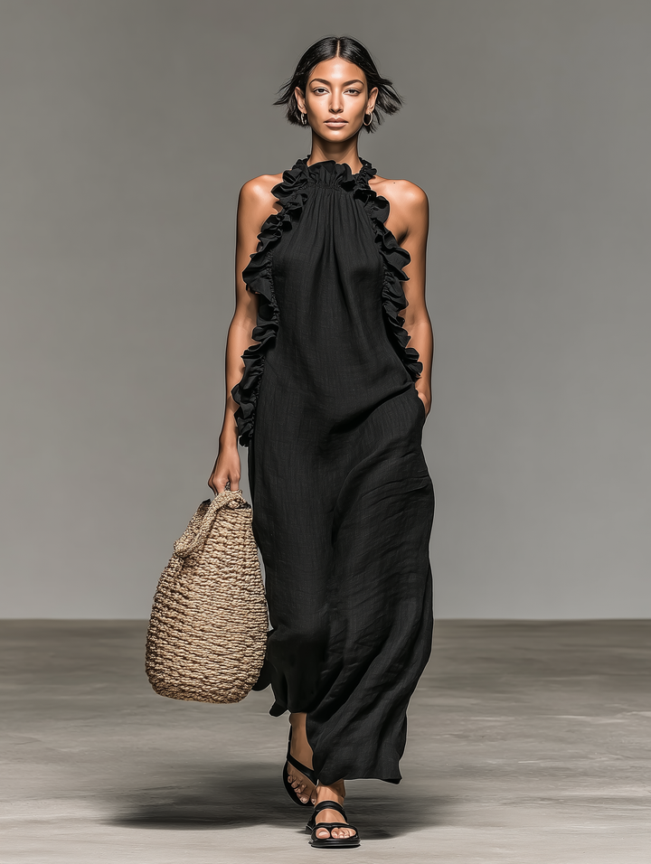 Simona | Minimalist Linen-blend Sleeveless Maxi Dress With Ruffle Details