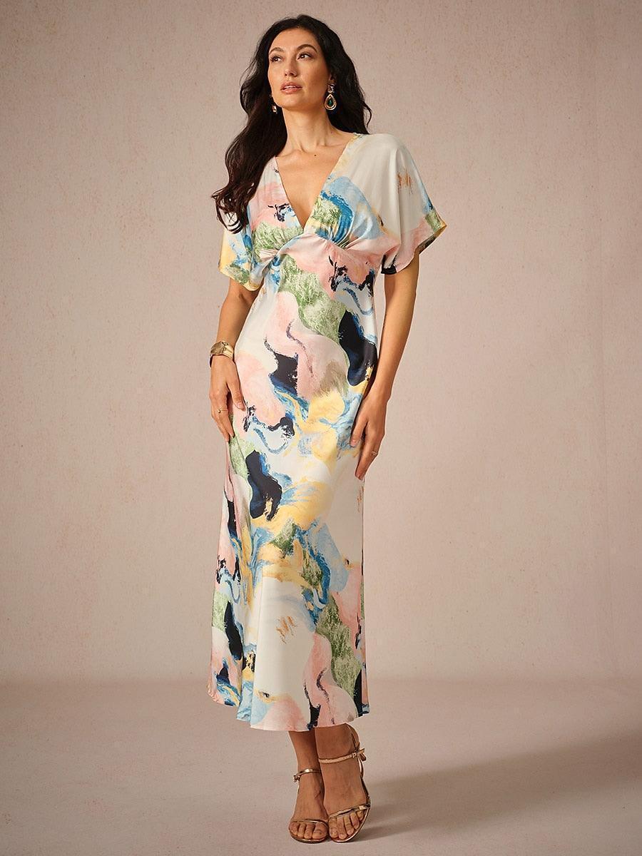 JOLIEN | Satijn Tie-dye Marmerprint Maxi-jurk