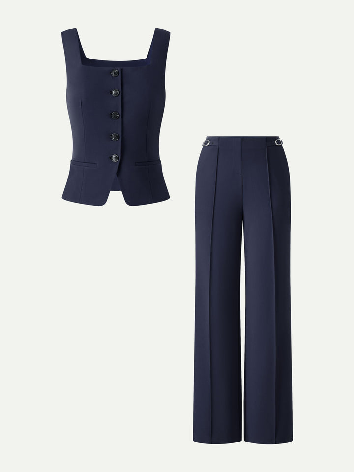 ALIYA | 2Pcs Set Square Neck Waistcoat with Pockets & Wide Leg Ankled Pant