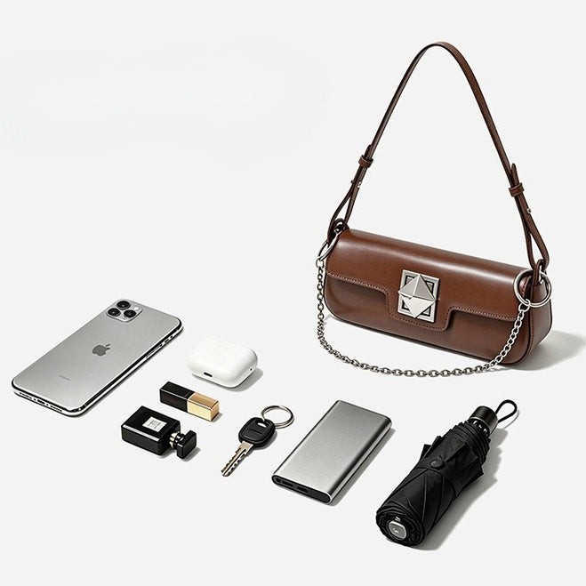 EVANGELINE | Minimalist Smooth Genuine Leather Silver Buckle Baguette Bag