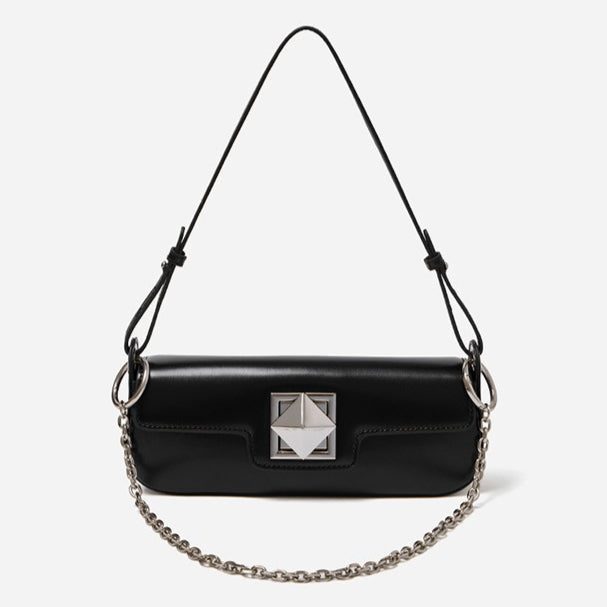 EVANGELINE | Minimalist Smooth Genuine Leather Silver Buckle Baguette Bag